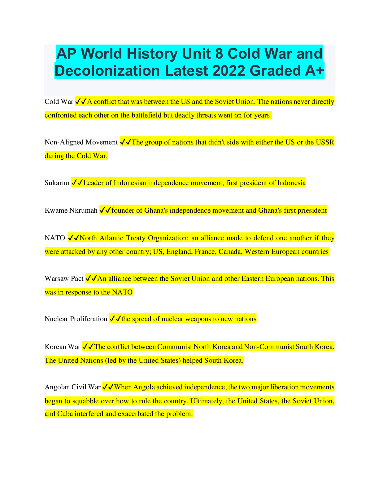 Preview of AP World History Unit 8 Cold War and Decolonization Latest 2022 Graded A+